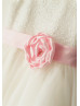 Thin Straps Ivory Sequin Tulle Wedding Flower Girl Dress With Pink Flower Sash